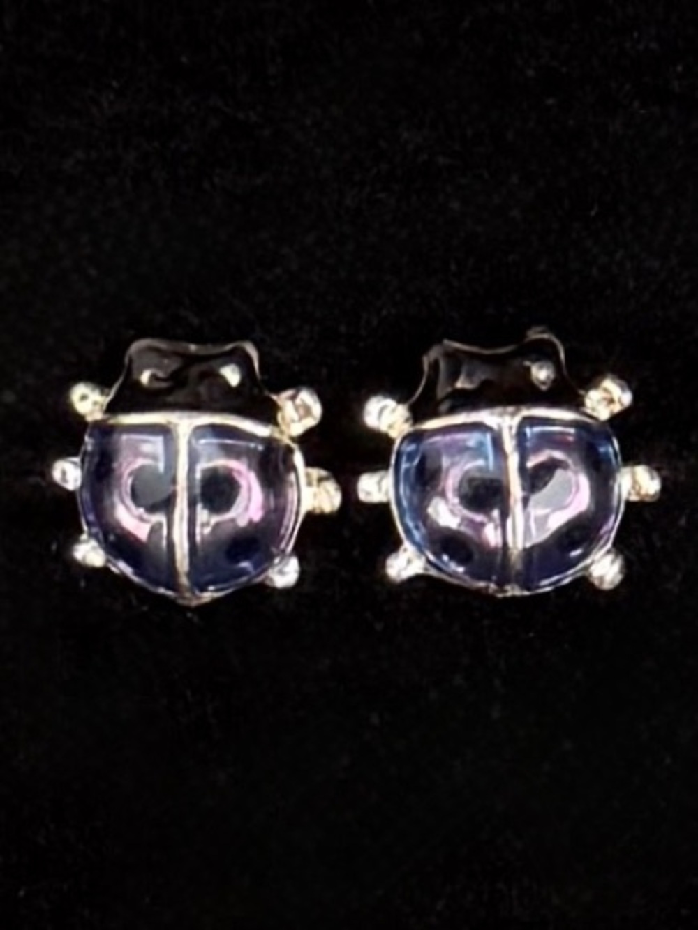 Vintage, silvertone, metallic blue and black tiny ladybug pierced earrings